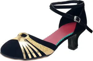 Womens Dress Sandals Latin Dance Shoes Closed Toe Ballroom Shoes Sequin Performance Dance Shoe with Ankle Strap