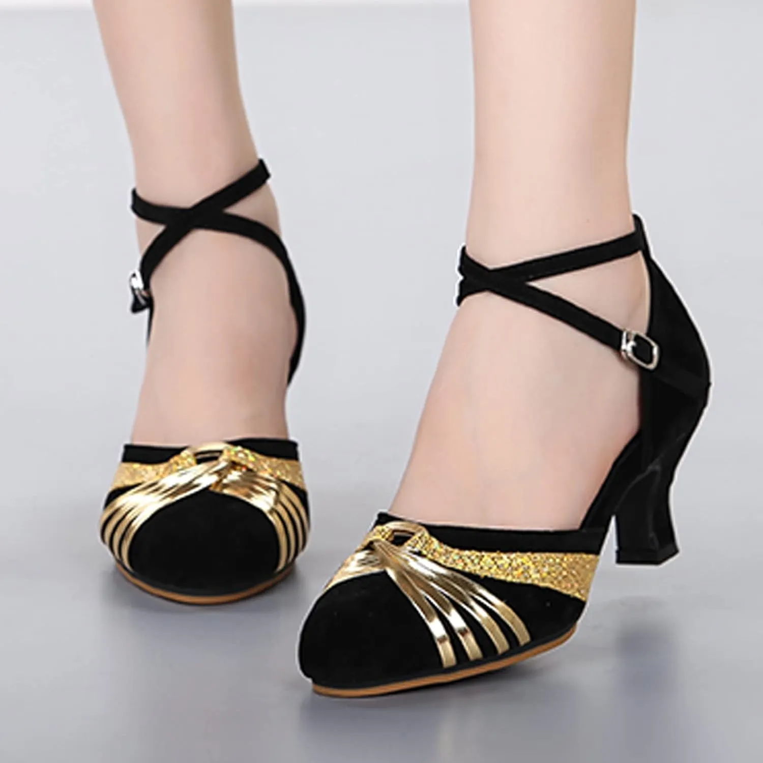 Womens Dress Sandals Latin Dance Shoes Closed Toe Ballroom Shoes Sequin Performance Dance Shoe with Ankle Strap