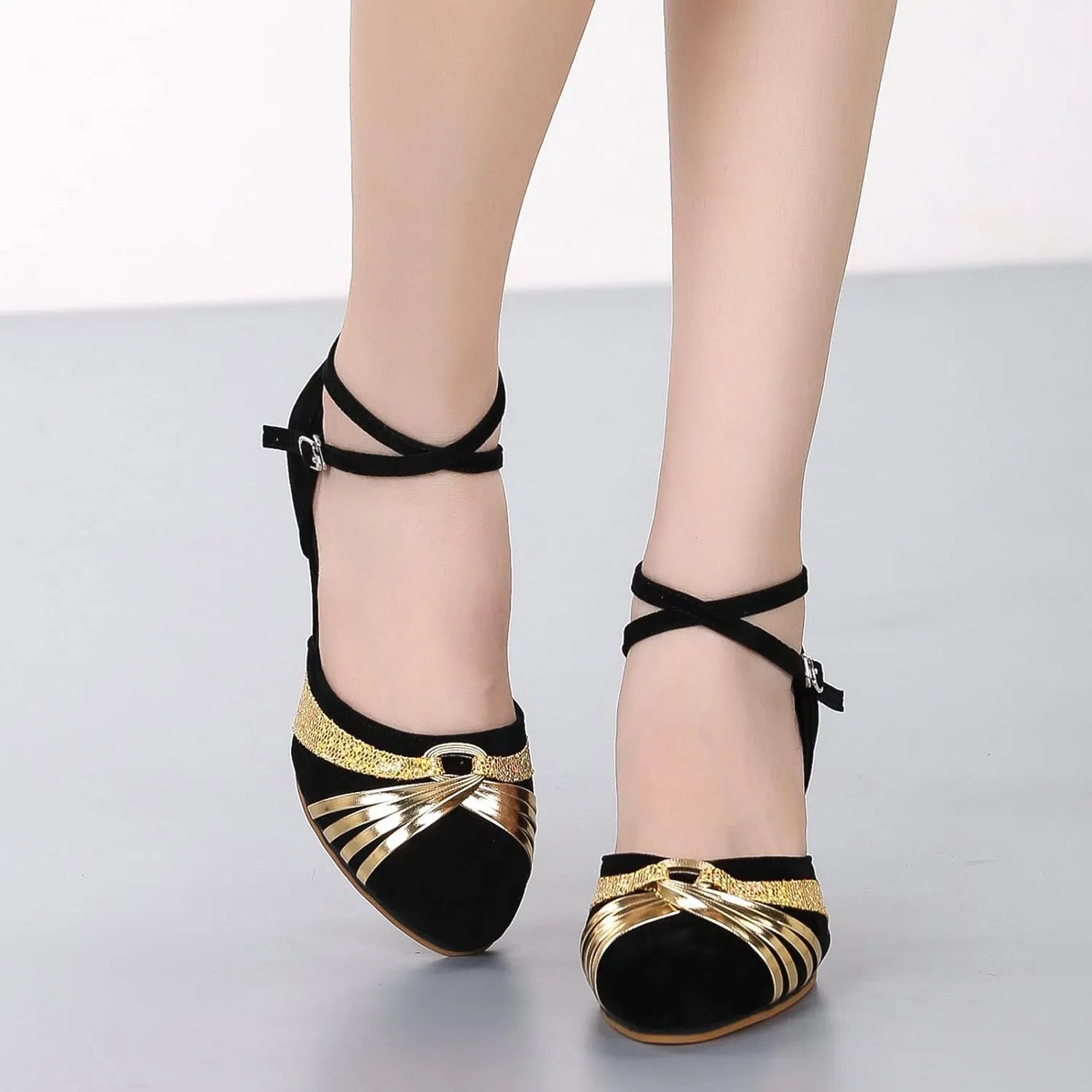 Womens Dress Sandals Latin Dance Shoes Closed Toe Ballroom Shoes Sequin Performance Dance Shoe with Ankle Strap