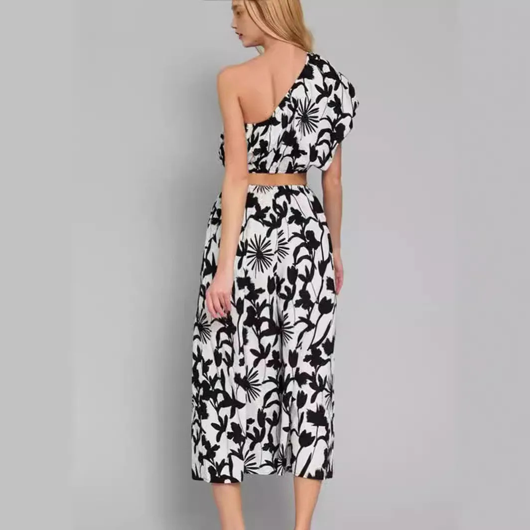 Womens Jumpsuit  One Shoulder  Waist Cut-Out  Wide Leg  Cotton Blend  Cropped