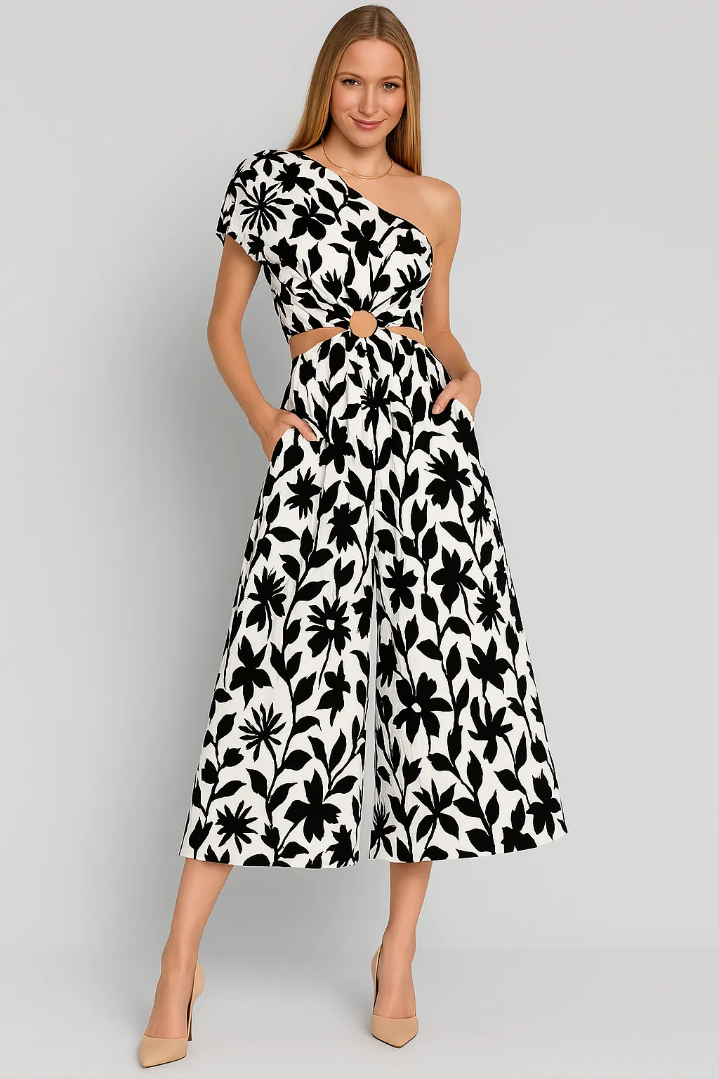 Womens Jumpsuit  One Shoulder  Waist Cut-Out  Wide Leg  Cotton Blend  Cropped