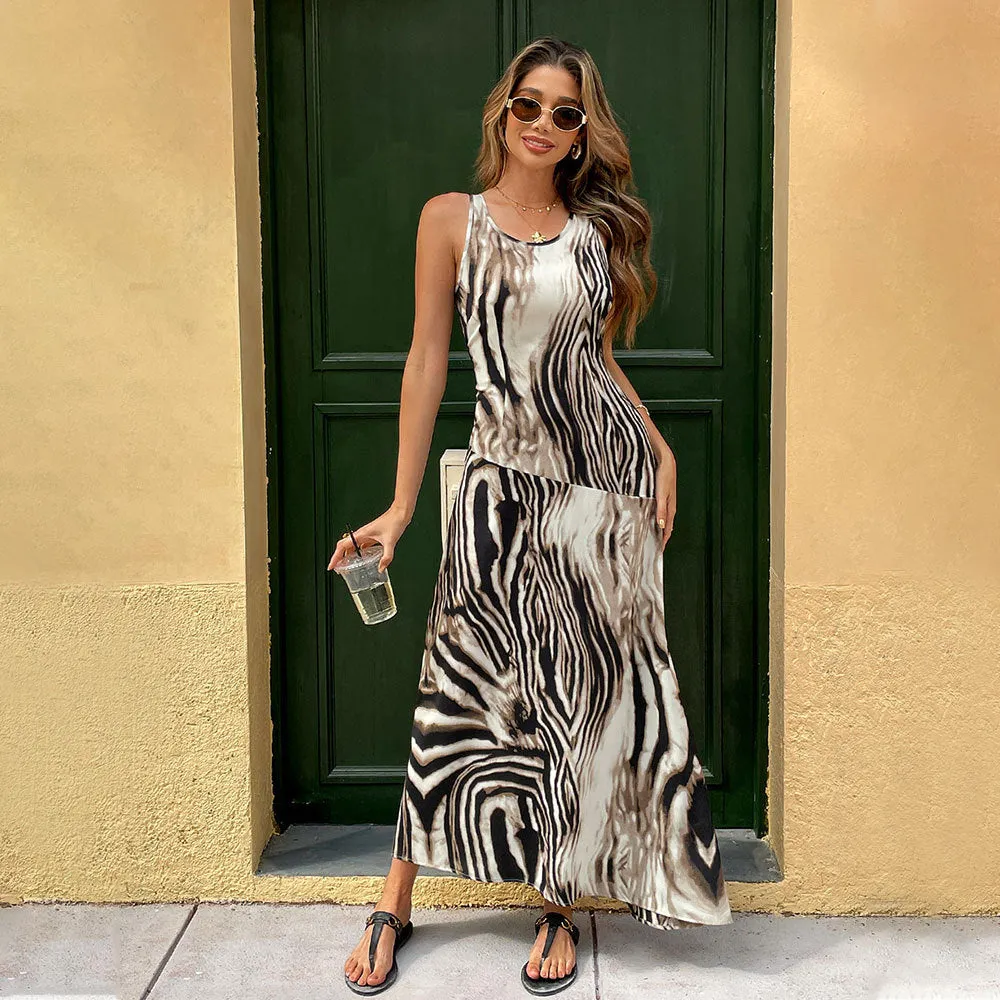 Womens Maxi Dress  Loose Fit  Scoop Neck  Spaghetti Straps  Printed Casual Wear