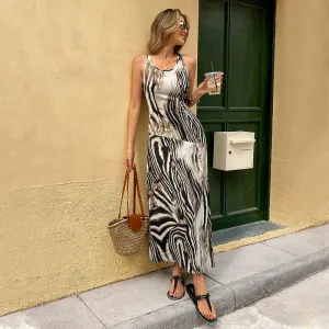 Womens Maxi Dress  Loose Fit  Scoop Neck  Spaghetti Straps  Printed Casual Wear