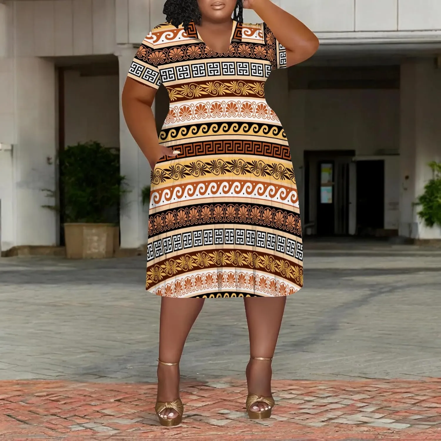 Women's Plus Size V Neck Midi Dress Ethnic Pattern Short Sleeve T Shirt Dress Vacation Dress