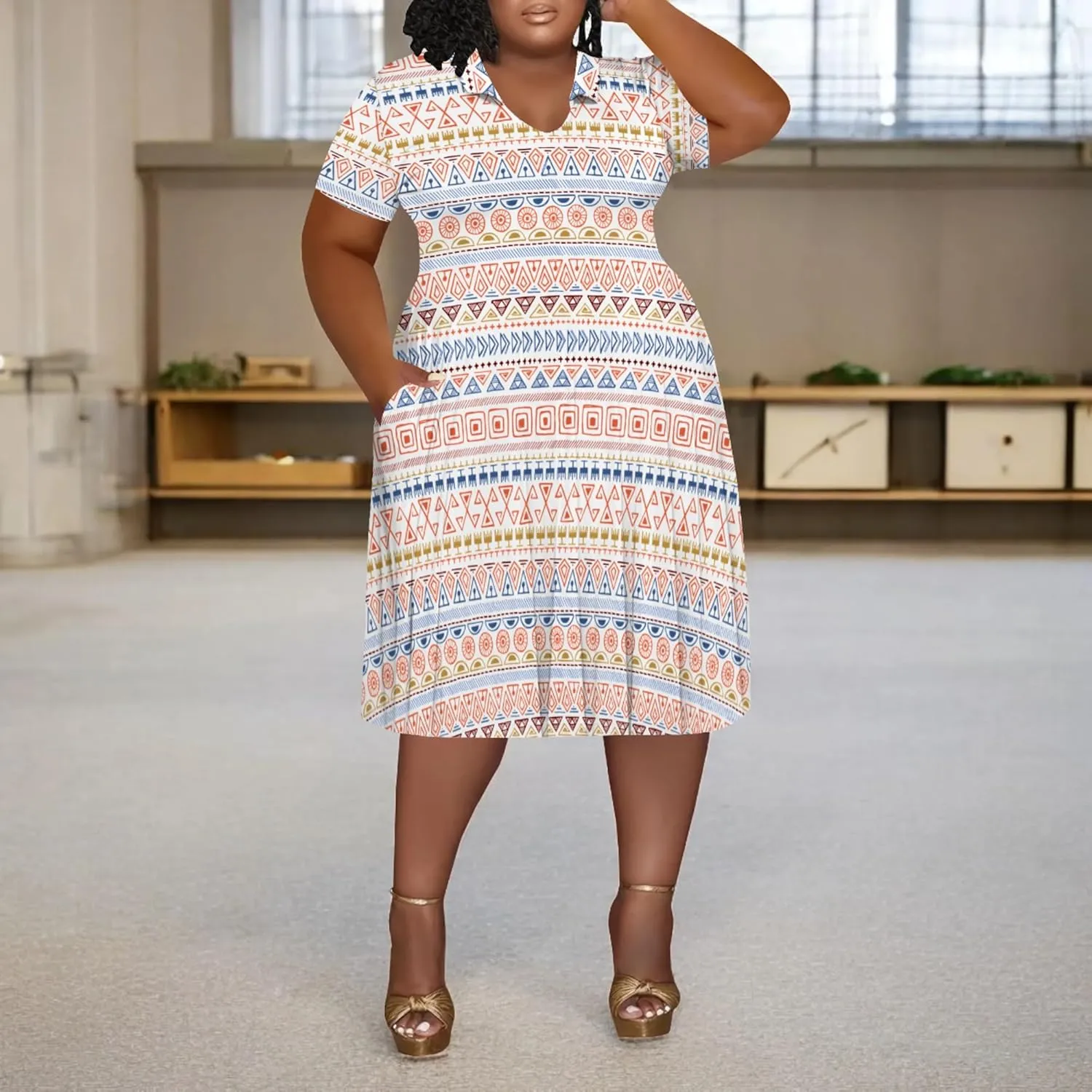 Women's Plus Size V Neck Midi Dress Ethnic Pattern Short Sleeve T Shirt Dress Vacation Dress