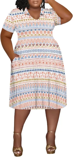 Women's Plus Size V Neck Midi Dress Ethnic Pattern Short Sleeve T Shirt Dress Vacation Dress