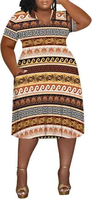 Women's Plus Size V Neck Midi Dress Ethnic Pattern Short Sleeve T Shirt Dress Vacation Dress