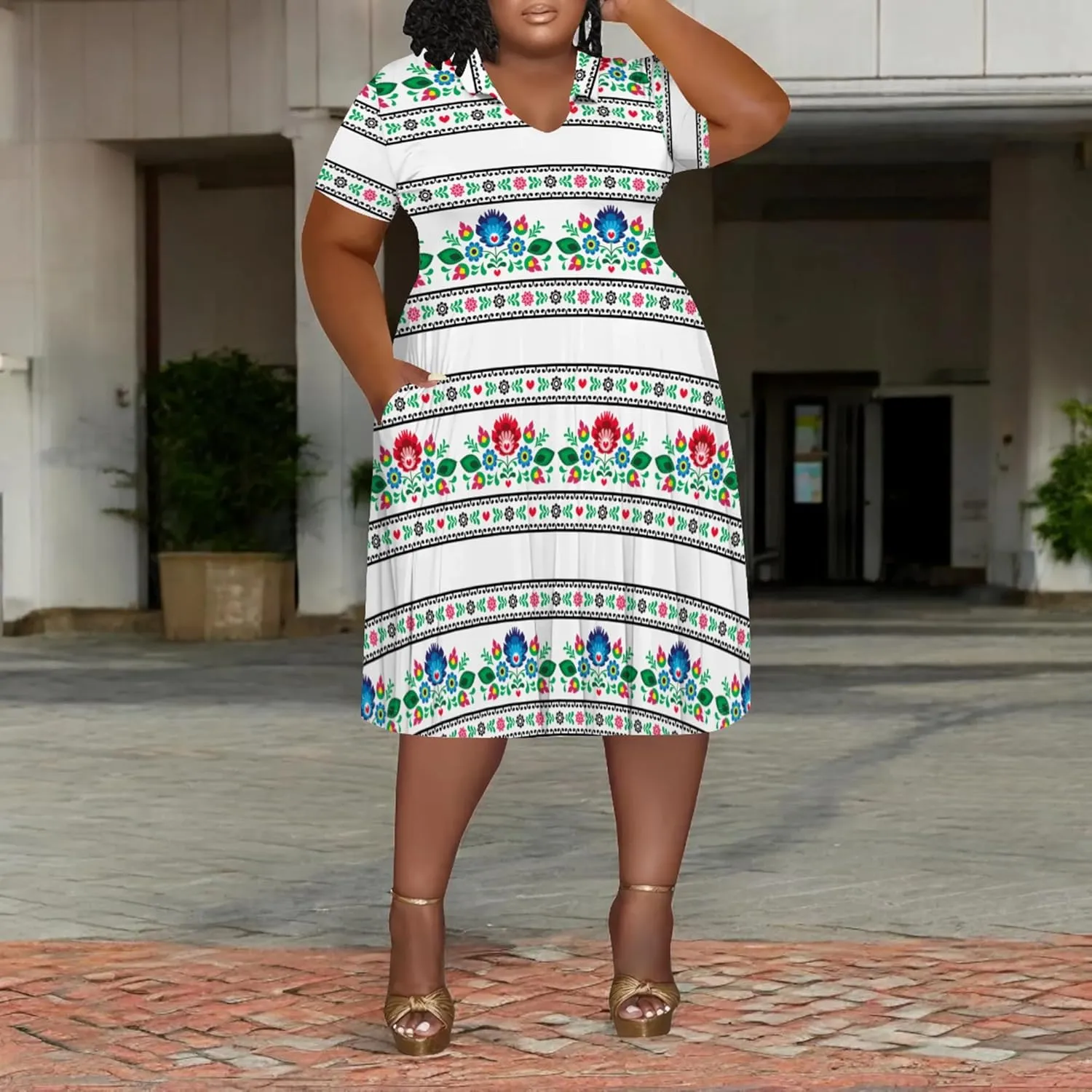 Women's Plus Size V Neck Midi Dress Ethnic Pattern Short Sleeve T Shirt Dress Vacation Dress
