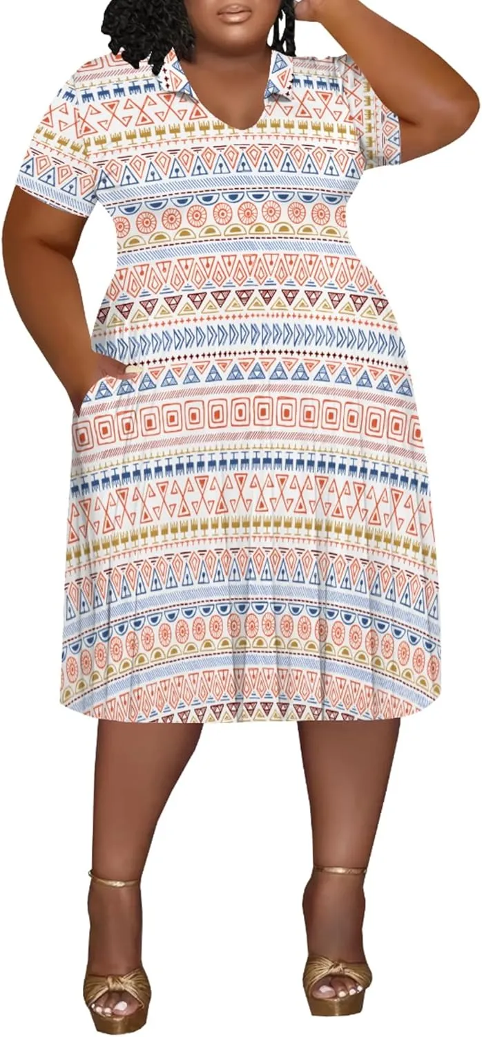 Women's Plus Size V Neck Midi Dress Ethnic Pattern Short Sleeve T Shirt Dress Vacation Dress