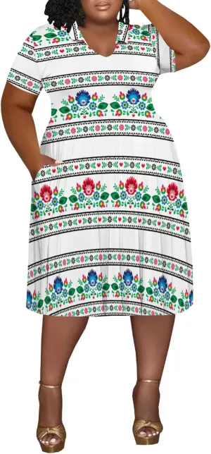 Women's Plus Size V Neck Midi Dress Ethnic Pattern Short Sleeve T Shirt Dress Vacation Dress