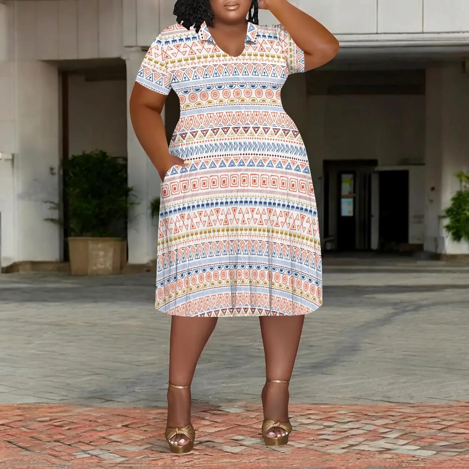 Women's Plus Size V Neck Midi Dress Ethnic Pattern Short Sleeve T Shirt Dress Vacation Dress