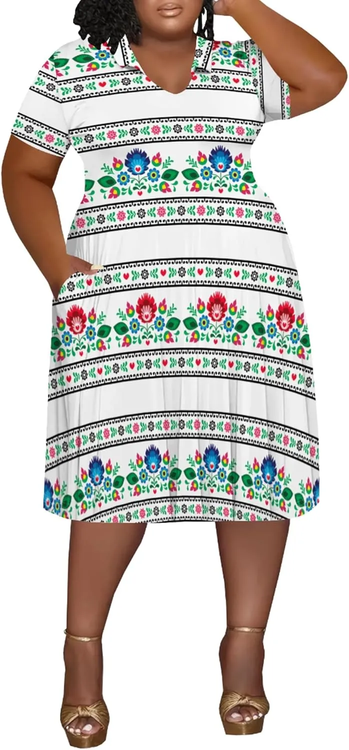 Women's Plus Size V Neck Midi Dress Ethnic Pattern Short Sleeve T Shirt Dress Vacation Dress