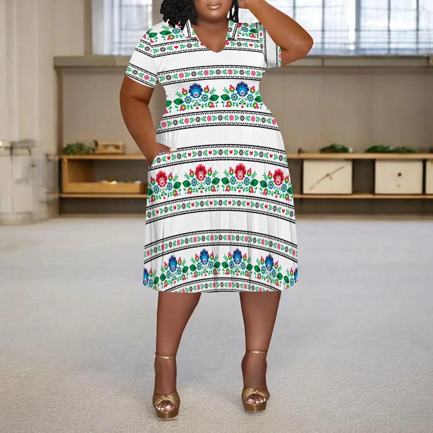 Women's Plus Size V Neck Midi Dress Ethnic Pattern Short Sleeve T Shirt Dress Vacation Dress