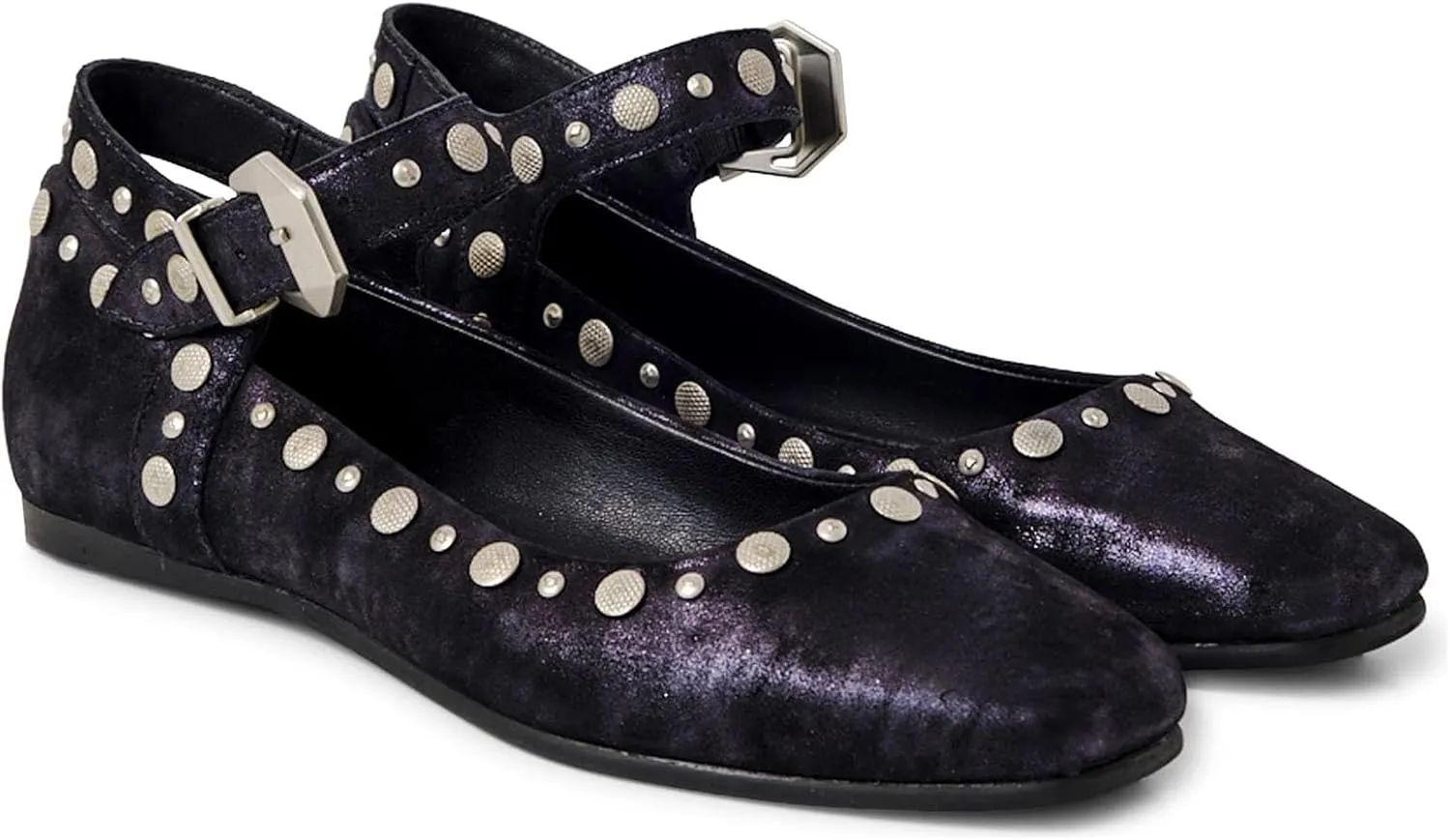 Women's Stud Mary Jane Flats Metallic Square Toe Ballet Flats Ankle Buckle Strap Comfy Ballerina Shoes
